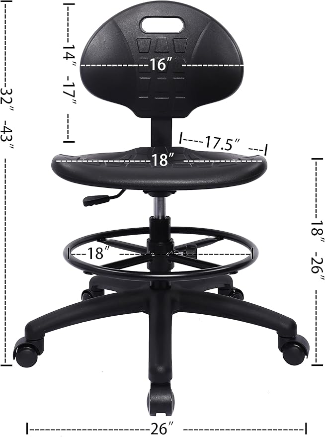 TAKE UR SEAT® Polyurethane Drafting Lab Stool Chair, 18" Adjustable Footring, 8" Adjustable Height, 450 lbs seat Capacity, Heavy Duty, Shipped Within 24 Hours Med. Bench Height (Self-Braking Caster)