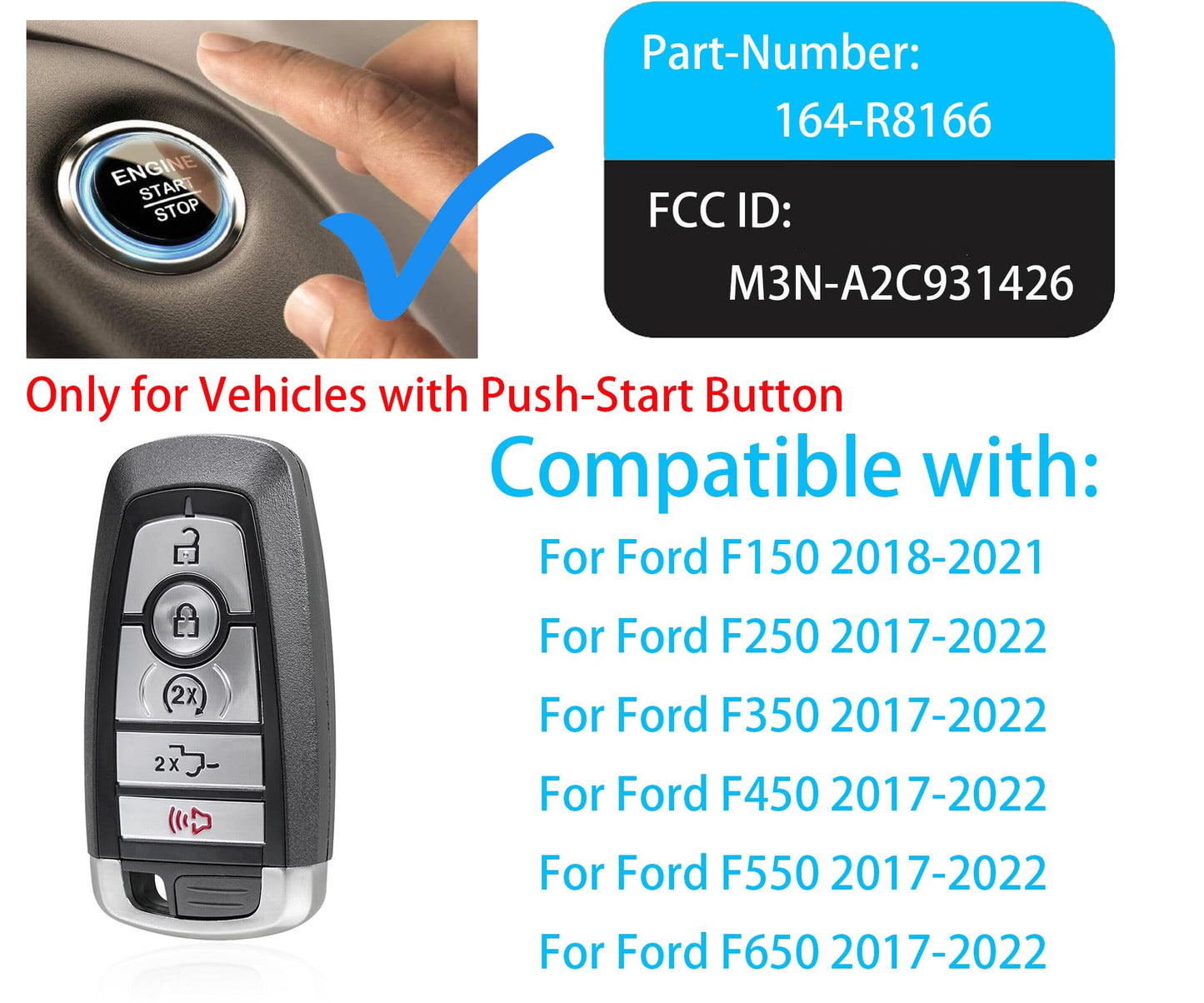 Smart Key For Ford F-Series 2018-2022, Alliskeys Proximity Remote Control Key Fob Replacement For Ford F-Series 2018-2022 M3N-A2