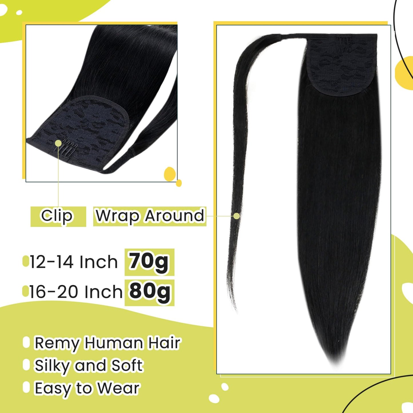 RUNATURE Human Hair Ponytail, Real Ponytail Extensions Human Hair for Black Women, Soft Straight Ponytail Hair Extensions with M