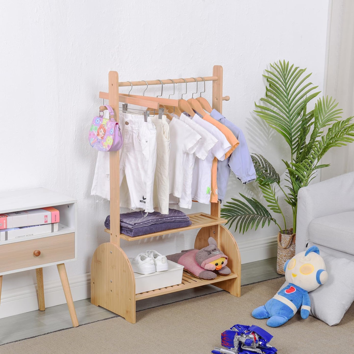 BAMBOOHOMIE Kids Clothing Rack With Adjustable Rods, Children Clothes Garment Rack for Baby Pet, Dress Up Rack With 2 Bottom Shelves, Wardrobe Closet for Toddlers Nursery