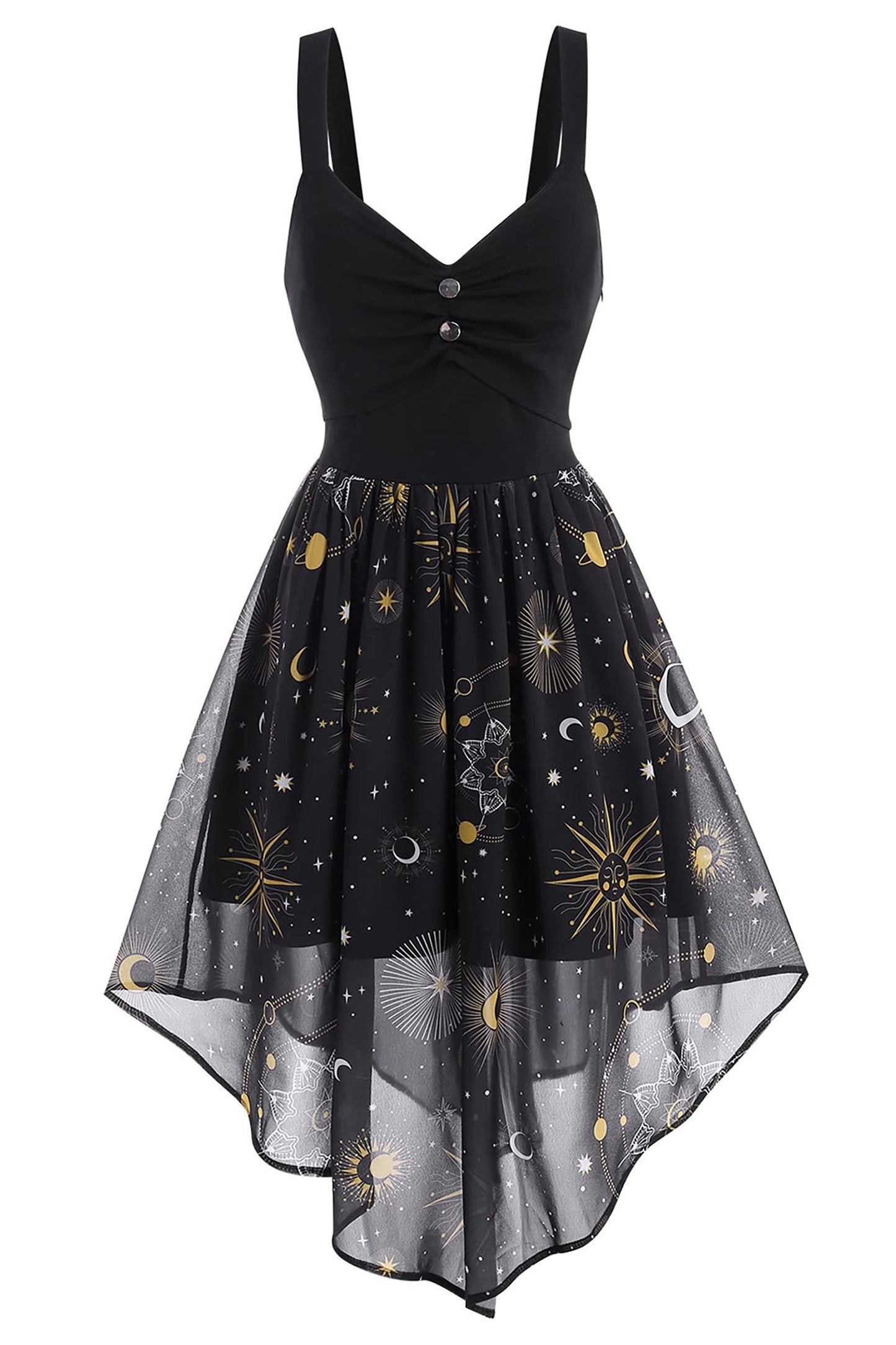 FEAPHY Women's Vintage Chiffon Sun Moon Star Sleeveless A-Line High Low Dress (0-Galaxy-Black, L)