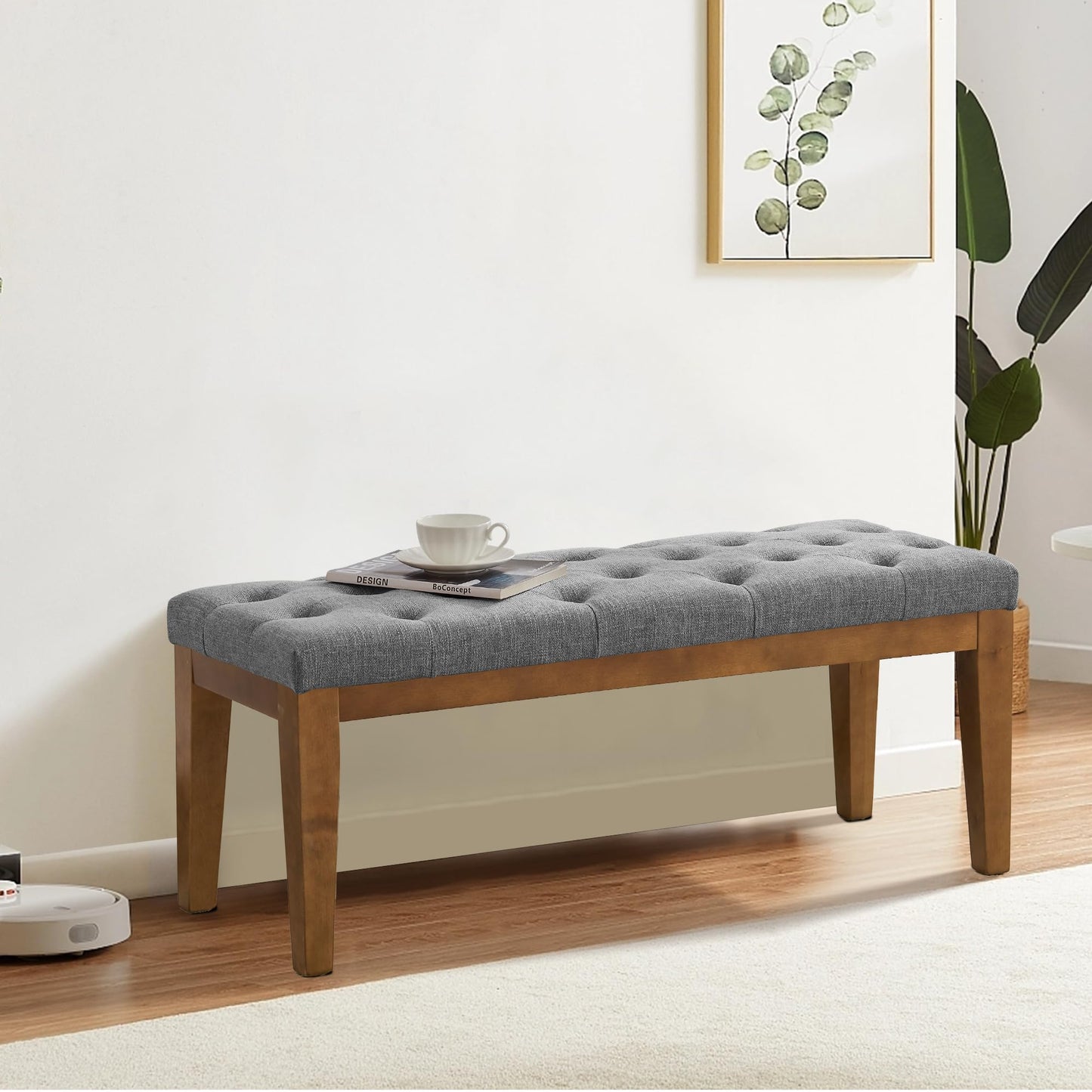 HUIMO Bedroom Bench End of Bed, Upholstered Dining Bench for Kitchen, Button-Tufted Entry Bench, Fabric Ottoman Bench for Living Room, Entryway,Grey, BEN2-4
