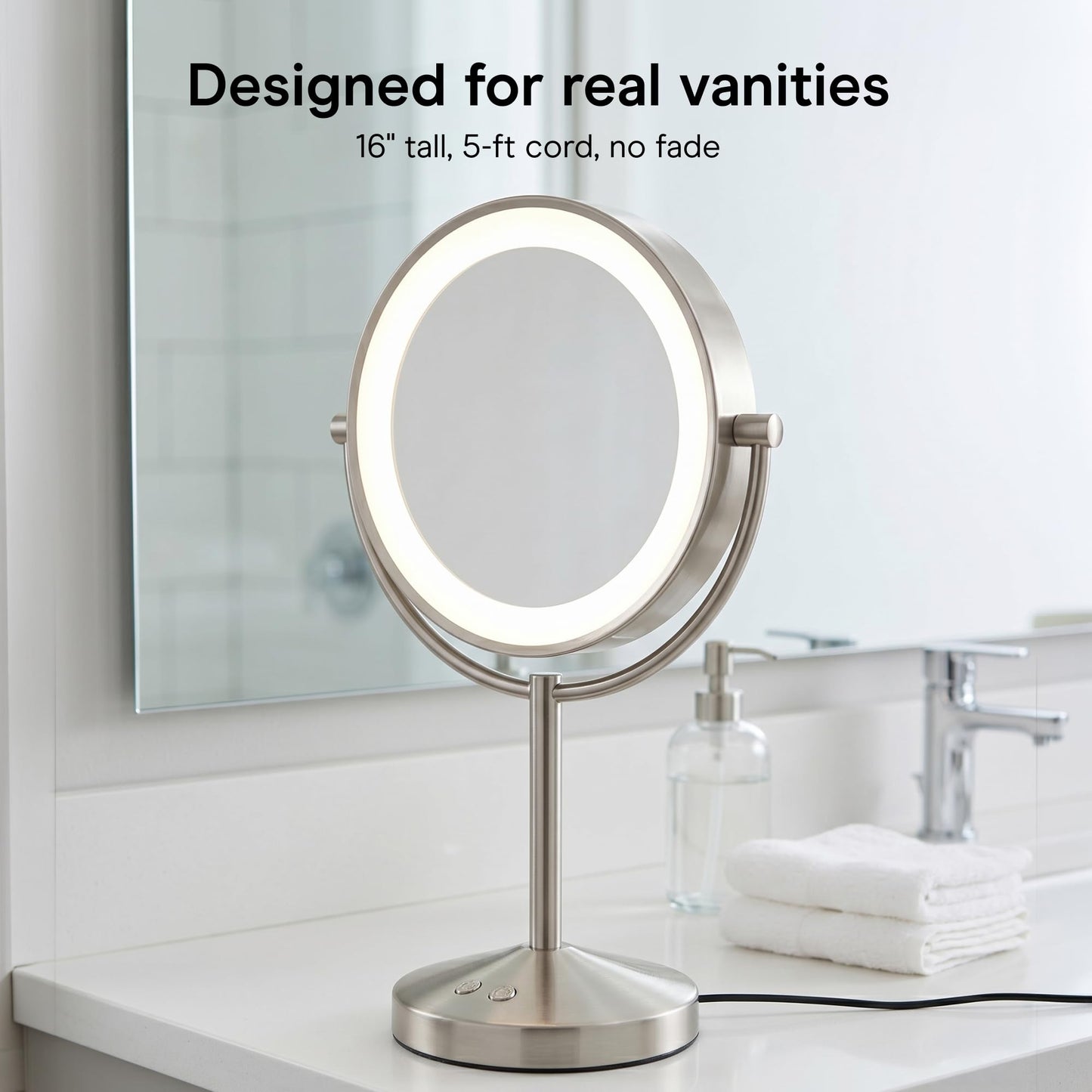 Conair Lighted Makeup Mirror, Double-Sided Vanity Mirror with 1X/10X Magnification, 3 Color Modes and 360 Rotation, Satin Nickel, BE401X2
