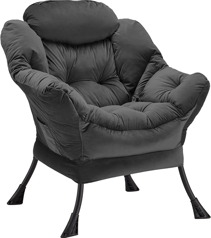 Youtanic Lazy Chair Thick Padded, Comfy Velvet Accent Lounge Chair with Stable Frame, Leisure Sofa Armchair with Armrests and Side Pocket, Reading Chair for Bedroom, Living Room, Office, Charcoal