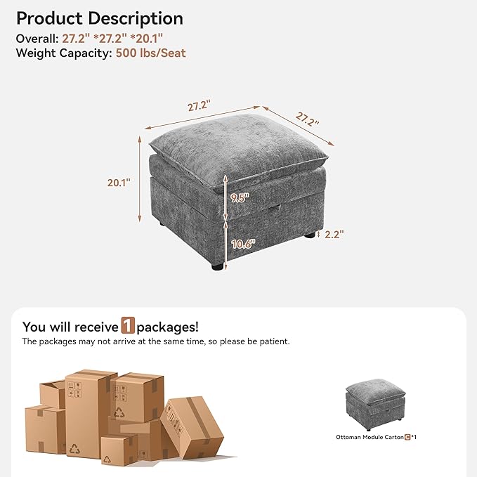 Abbrevi 27" Large Square Ottoman with Storage, Modern Upholstered Footrest with Anti-Slip Legs for Couch Coffee Table Living Room, Bedroom, Entryway, Chenille Light Grey