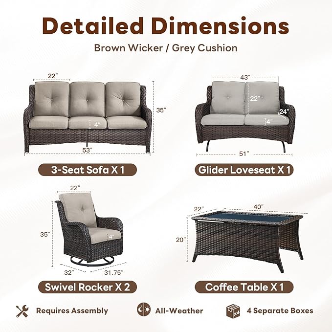 Belord 5 Piece Outdoor Patio Furniture Set - Outdoor Conversation Couch and Loveseat Glider Chair Furniture Set with Rattan Coffee Table for Deck Balcony Poolside Brown Wicker/Grey Cushions