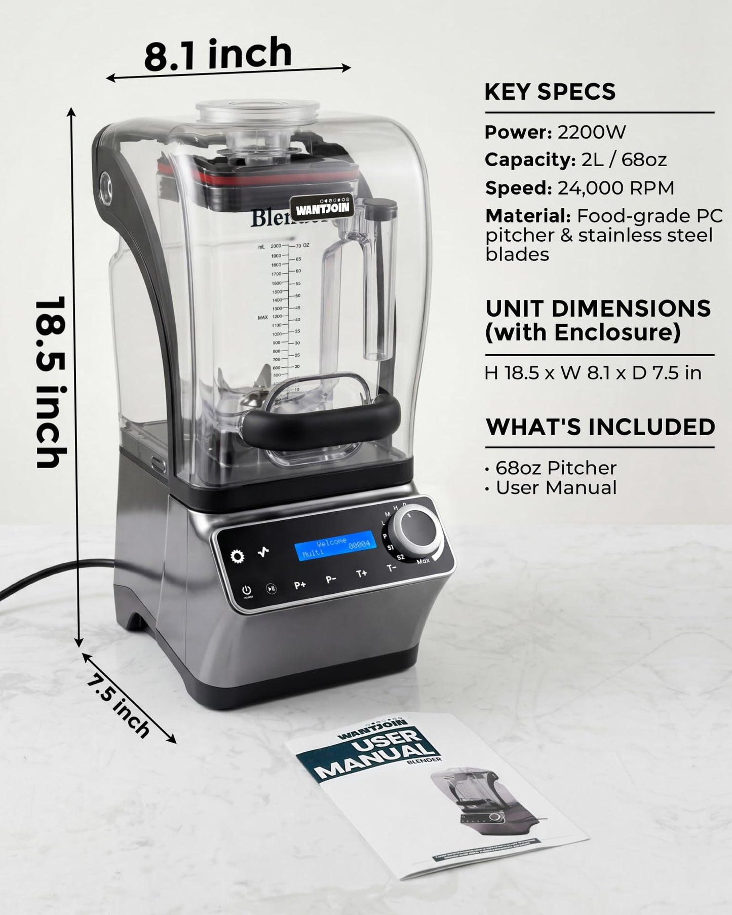 WantJoin Commercial Blender - 68 oz Quiet Blender for Smoothies with LED Touch Panel & Sound Enclosure, 2200W Copper Motor, 30000RPM, 7 Speeds for Frozen Drinks, Juice, Soup