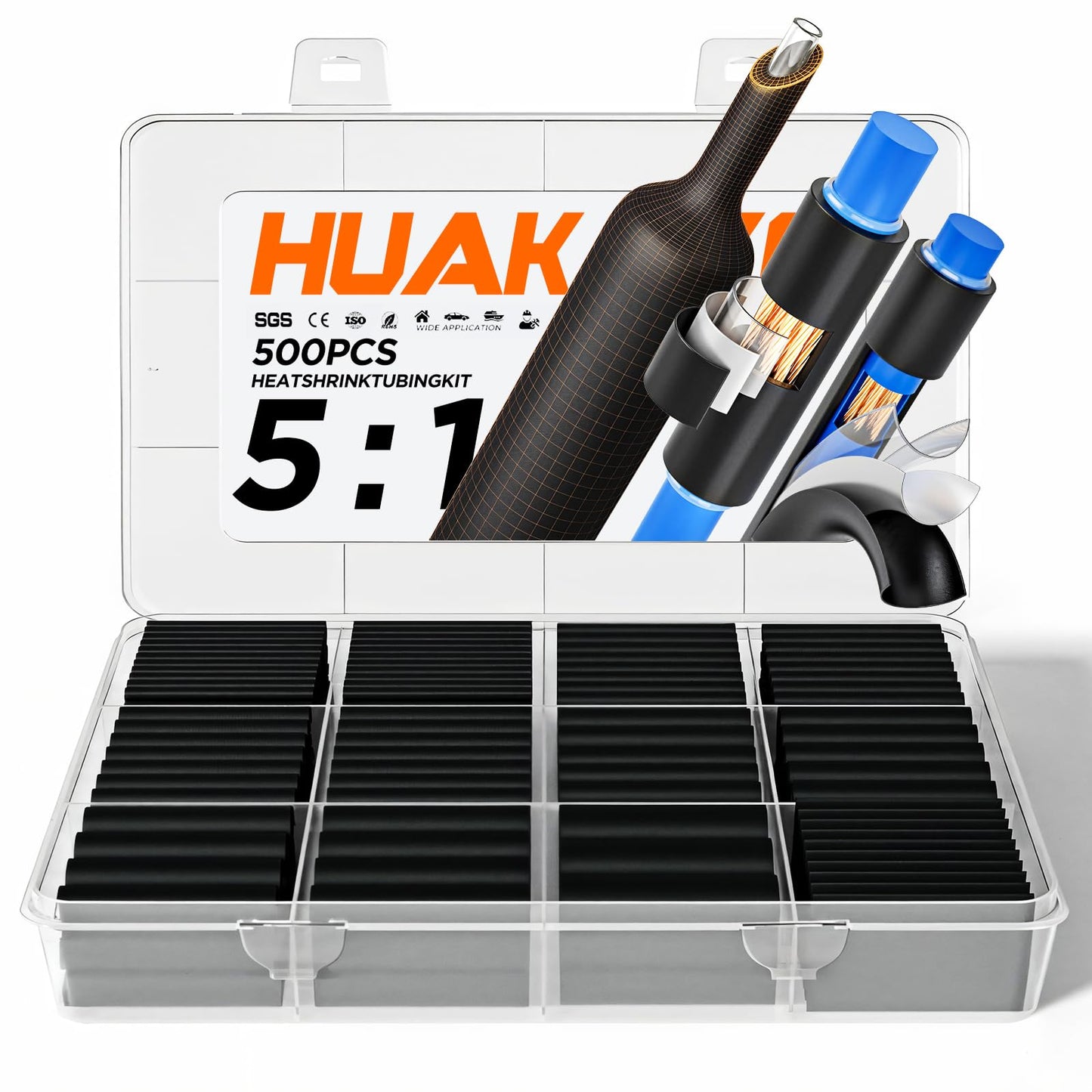 5:1 Heat Shrink Tubing Kit 500 PCS, Industry-Leading 5:1 Ratio Shrink Wrap Tubing Adhesive Lined, Heat Shrink Wire Connectors, Marine Grade Dual Wall, Waterproof Electrical Wire Tube Connectors(Black)