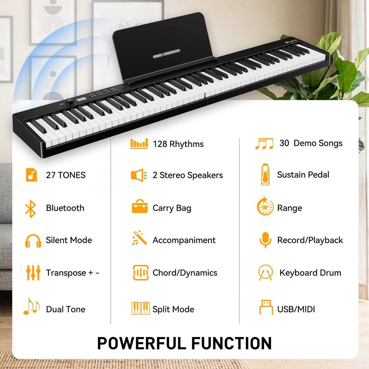 Rhymo 88 Key Portable Piano Keyboard, Semi-Weighted Folding Piano Full Size, Ultra Sound Upgrand Imitation Wood Texture Keyboard w/MIDI Bluetooth LCD Display Screen, Sustain Pedal for Beginners Adult