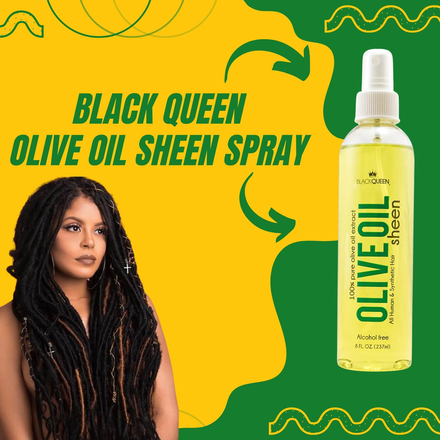 Black Queen Olive Oil Sheen Spray for Locs, Dreadlocks, Twists, Braids, Cornrows, 4C Hair - Moisturizing, Refreshing - 8 oz- Mad