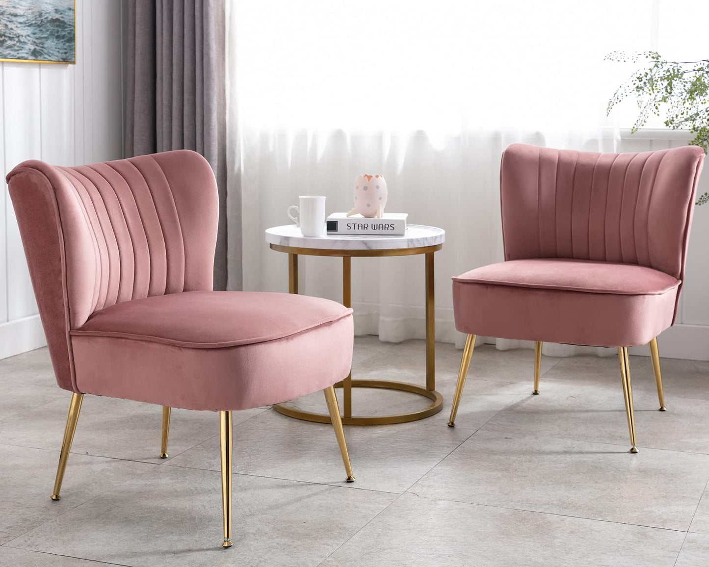 CIMOTA Velvet Accent Chairs Set of 2 Modern Armless Slipper Wingback Single Sofa Side Chair Comfy Corner Chair with Golden Legs for Living Room Bedroom, Pink
