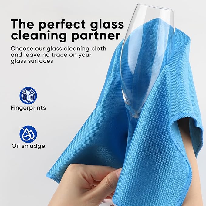 HOMEXCEL Microfiber Glass Cleaning Cloths 6 PK, Lint Free Streak Free, Reusable Microfiber Cleaning Cloth for Cleaning Windows, Glasses, Mirrors, Screens, Stainless Steel, and More, Blue-14”×16”