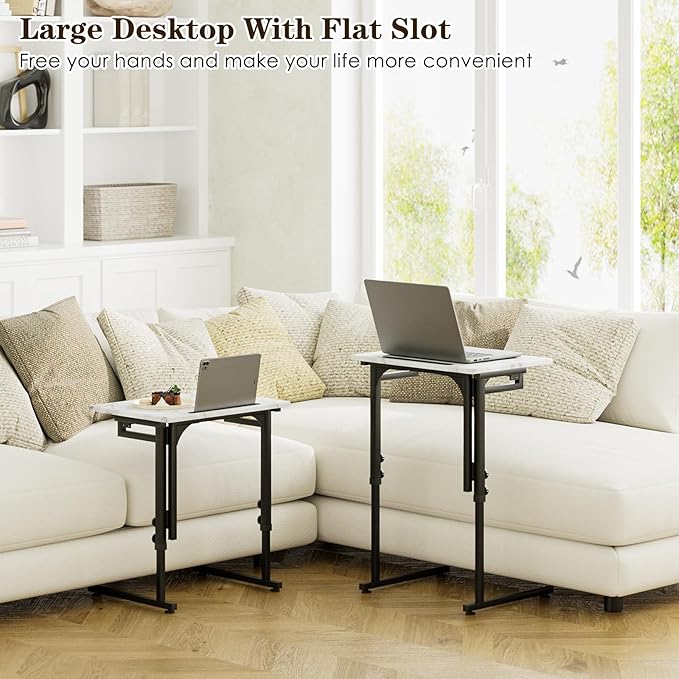 Fleecy day TV Tray, Folding TV Dinner Table, Adjustable Small C-Shaped End Tray for Eating, Foldable Slide Under Couch Side Table for Recliner, Living Room,No Assembly Required(White Marble,2Pcs)