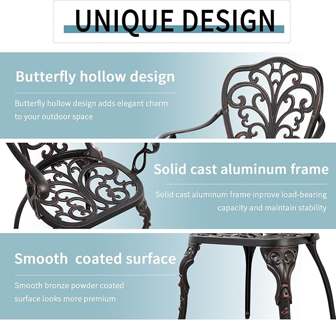 Withniture Outdoor Bistro Table and Chairs Set of 2 Cast Aluminum Patio Bistro Set with Umbrella Hole, All Weather Bistro Table Set for Garden, Suitable for All People, Bronze