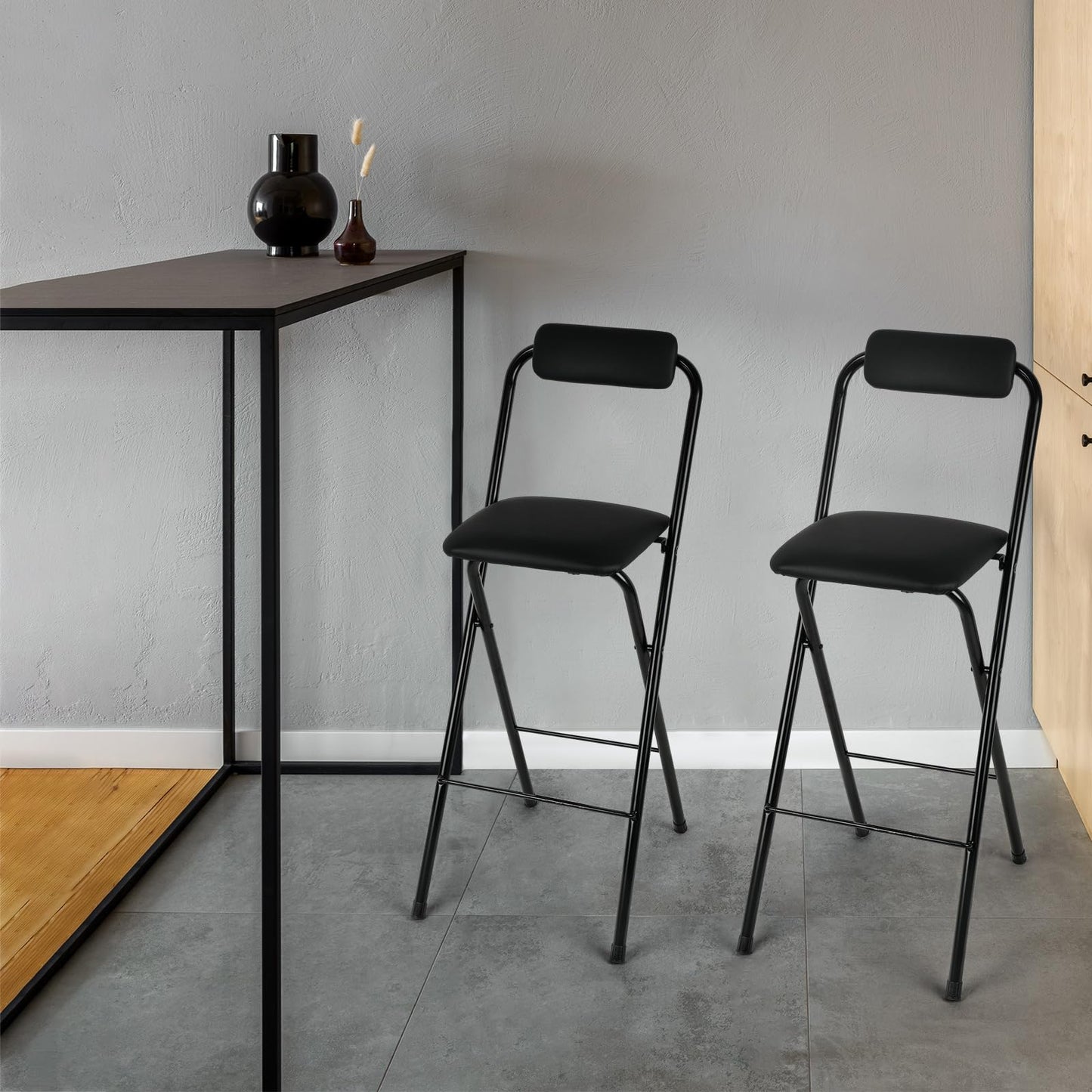 Thyle 2 Pcs Folding Bar Stool with Backrest, Tall Foldable Stool Chair Portable High Folding Bar Chair Counter Height Seat Leather Padded for Kitchen Island Shop Cafe Dining Room Black (27.5 Inch)