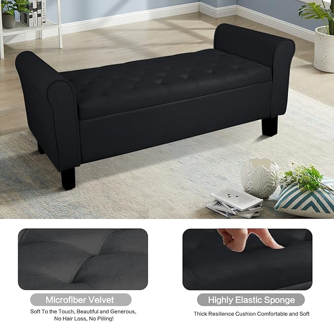 Babion Storage Bench for Bedroom End of Bed, Button Tufted Storage Ottoman Bench 51 Inch, End of Bed Storage Bench with Upholstered, Rolled Arm Window Bench Seat with Solid Wood Legs, Black