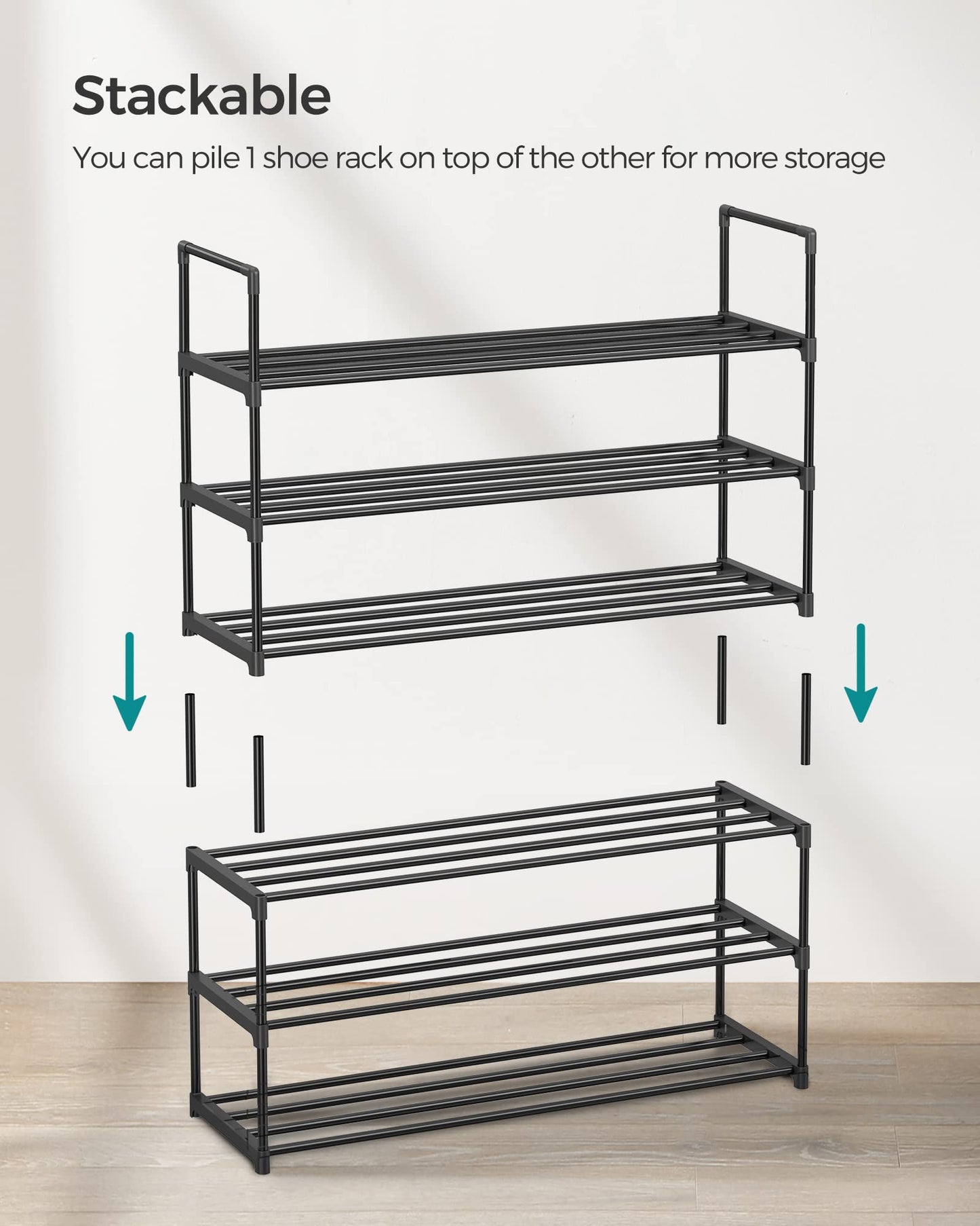 SONGMICS Shoe Rack, 3-Tier Shoe Organizer, Metal Storage Shelf, Upright or Upside Down, for 16-20 Pairs, Stackable, for Entryway, 11.8 x 36.2 x 21.7 Inches, Black ULSA303B02