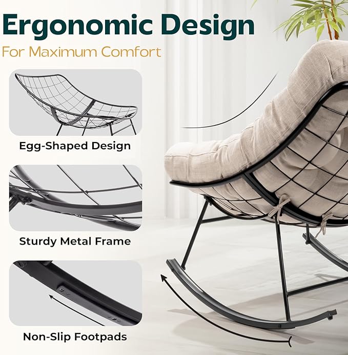 Bme Patio Rocking Chair Outdoor & Indoor, Metal Patio Lounge Rocking Chair with Thick Cushion, Comfy Modern Rocker Chair for Living Room, Porch, Backyard, Beige Cushion - Black Matte Rocker