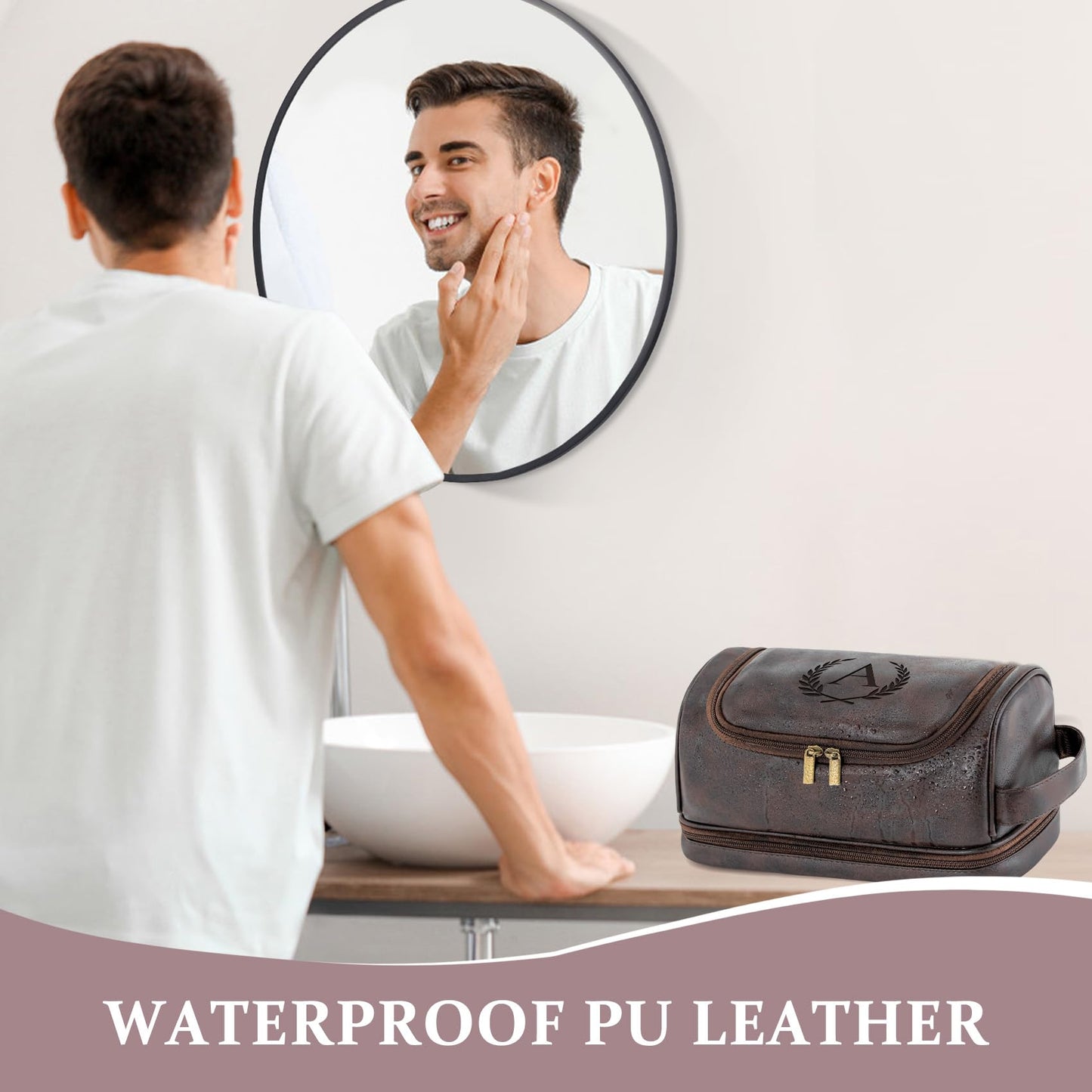 Aganmi Personalized Christmas Birthday Gifts Toiletry Bag for Men Dad Husband, Custom Initial PU Leather Waterproof Toiletry Organizer Dopp Kit Shaving Bag Travel Essential for Men, Dark Brown J