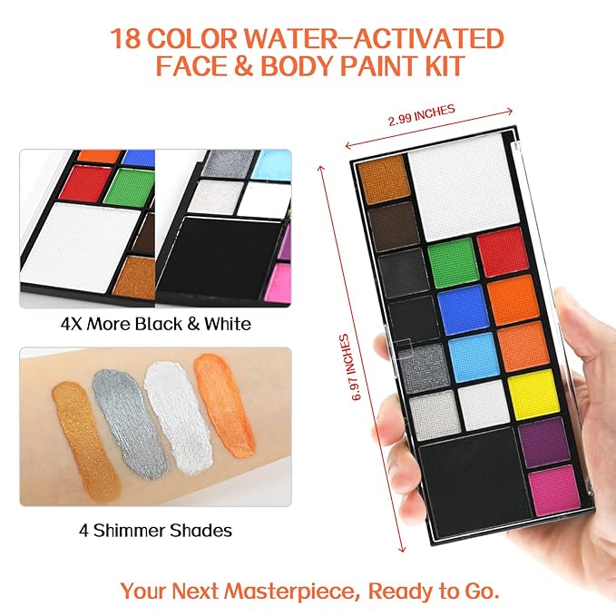 Face Paint Body Paint Kit for Kids Adults-Washable 18 Colors Face Painting Kit with 10 Brushes, Non-Toxic, Skin Safe, Water-Activated for Halloween Makeup Cosplay Costume Party
