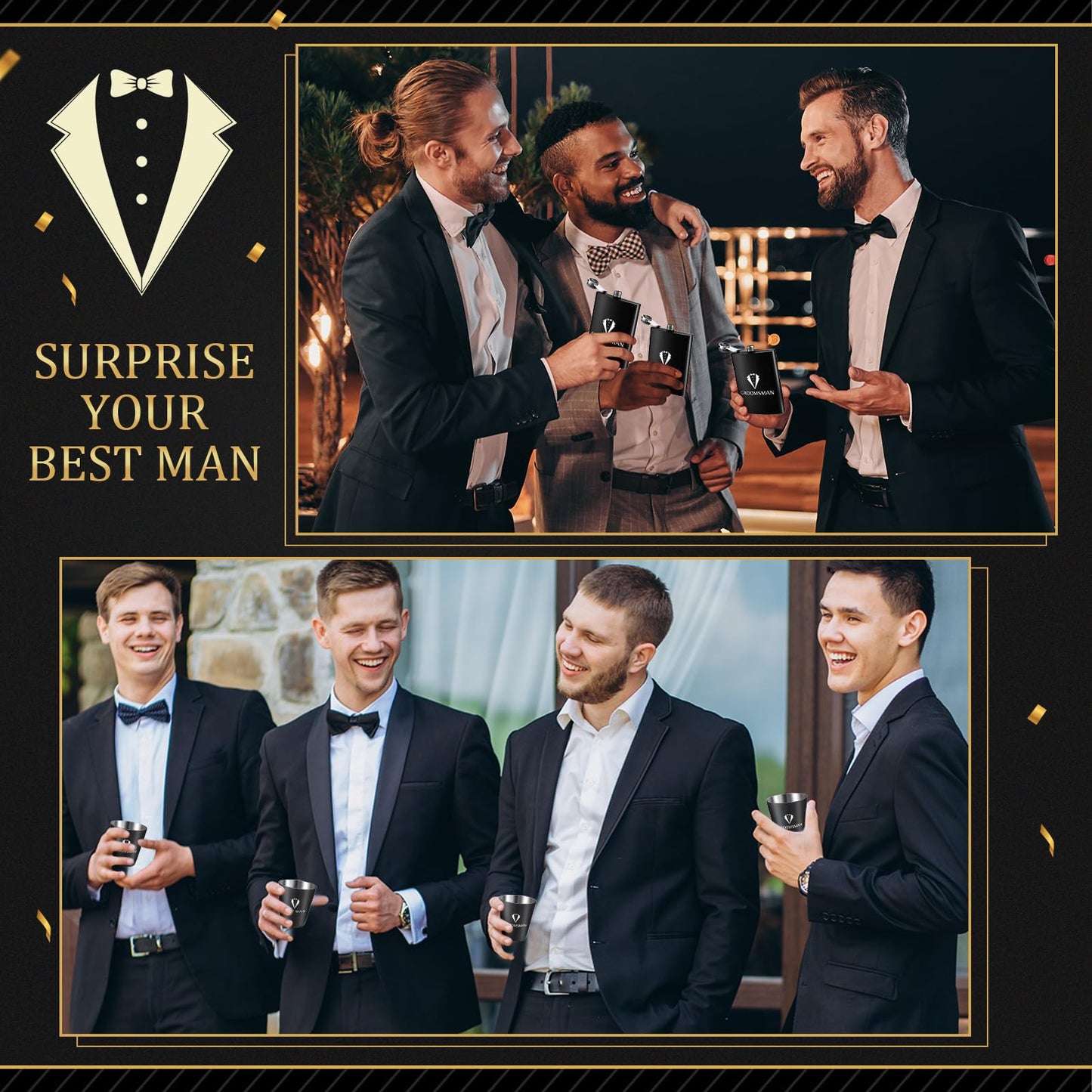 60Pcs Groomsmen Gifts Set of 6, Groomsmen Proposal Box with Flasks Sunglasses PU Leather Toiletry Bag Bottle Opener for Wedding Groomsman Best Man Gift