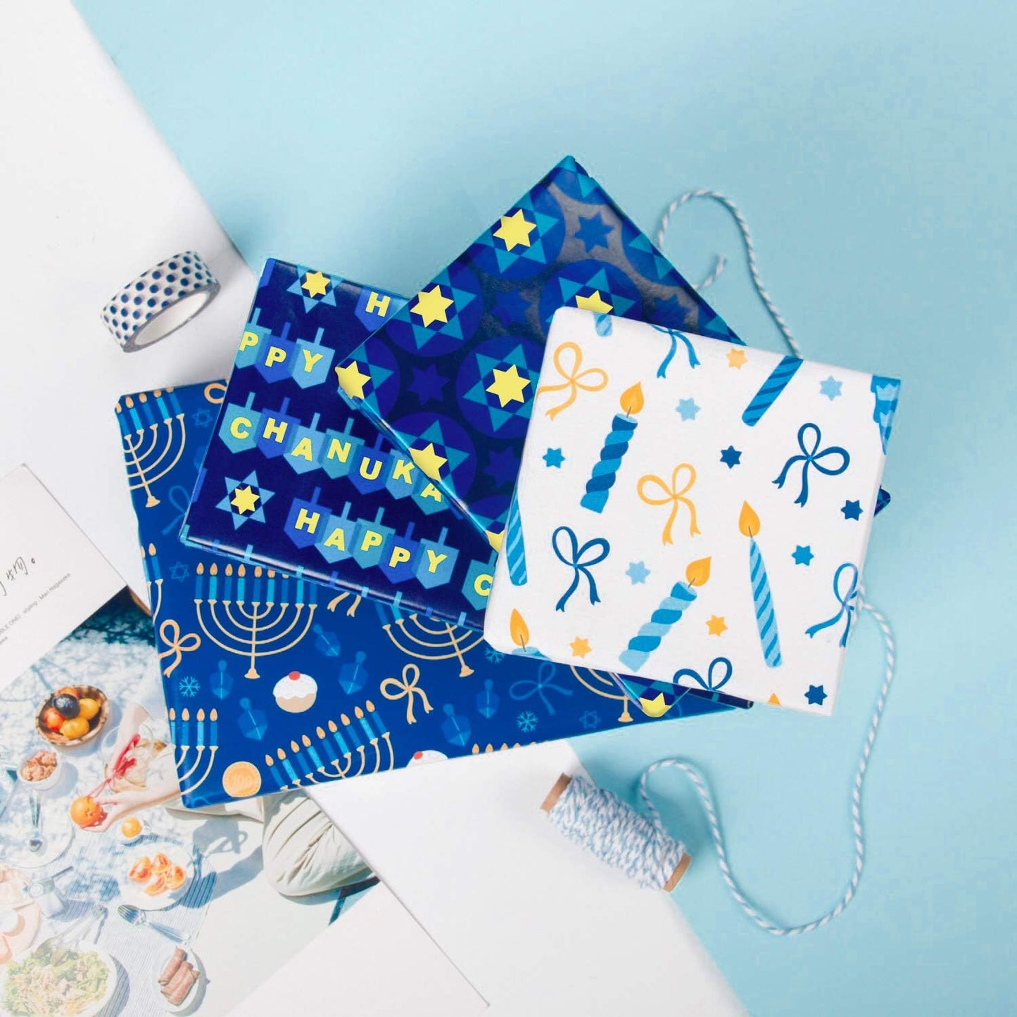 WRAPAHOLIC 30 Inch Hanukkah Wrapping Paper Roll - Jumbo Roll Menorahs, the Star of David, Candles Design for Chanukah Celebration - 4 Rolls - 30 Inch x 120 Inch Per Roll
