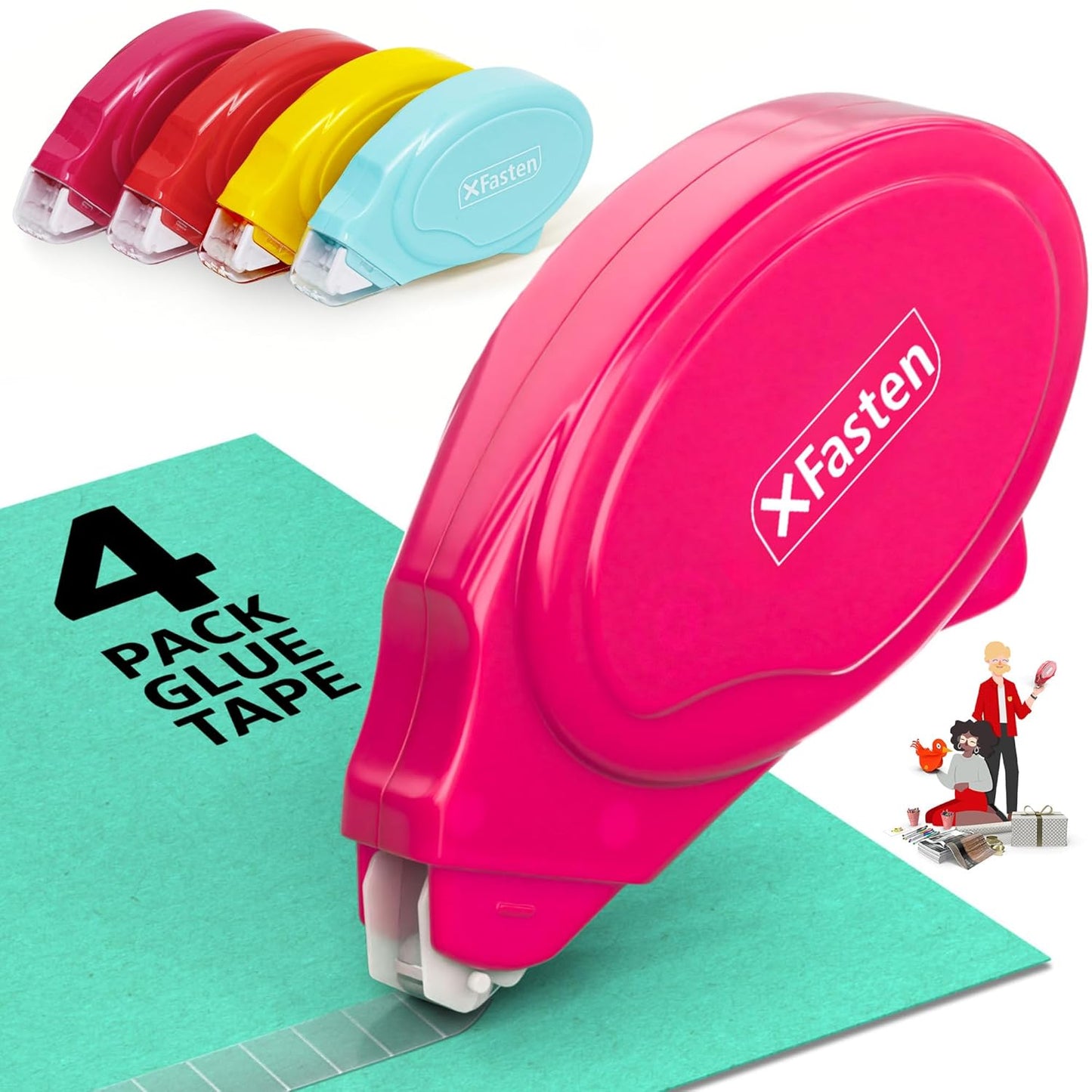 XFasten Glue Tape Roller for Scrapbooking 4-Pack Multicolor Acid-Free Double Sided Tape Roller for Crafts, Photos, Bullet and Junk Journaling Supplies - Scrapbook Adhesive Runner (0.3 in x 30 ft)