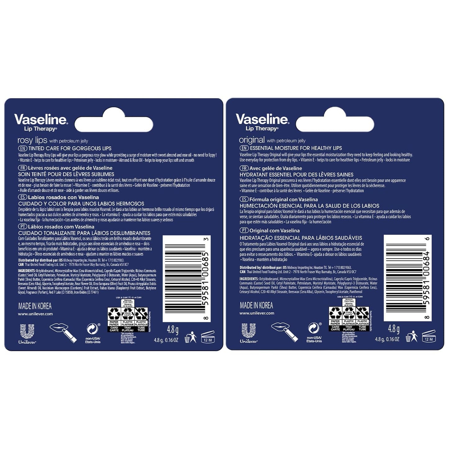 Vaseline Lip Therapy Variety 4-Pack - Original + Rosy Lips Moisturizing Lip Balm with Vitamin E, 0.16 Oz Ea