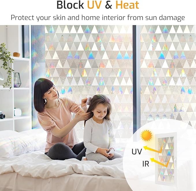 LUTE Window Privacy Film, Decorative Stained Glass Rainbow Window Clings, Sun Blocking Glass Covering, Renter-Friendly Static Cling Sticker Frosted Decals for Home Door Office, 35.4" x 157.4"