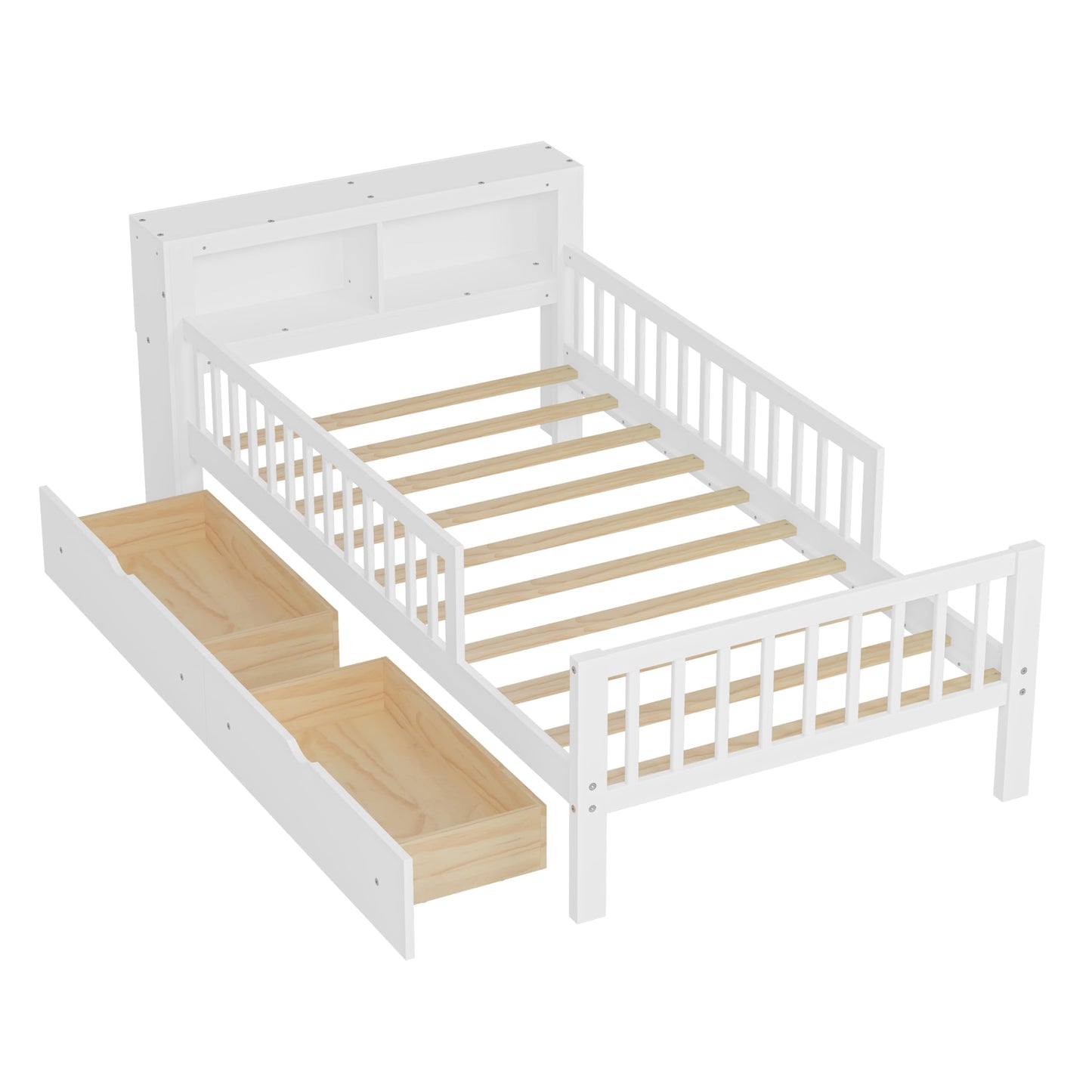 Bellemave Kids Twin Bed Frame with Storage Headboard, Wooden Platform Bed with 3 Side Guardrails and 2 Drawers, Twin Size Bed Frame, No Box Spring Needed, Low Daybed for Kids, White