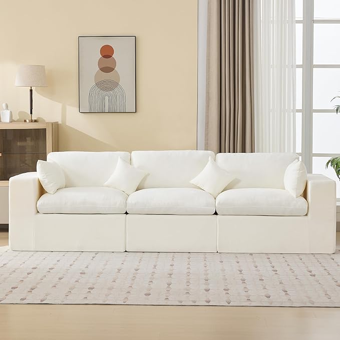 115''Cloud Boneless Sectional Couch, Modular Sectional Sofa Deep Seat, Oversized Upholstered Convertible Comfy 3 Seater Chenille Memory Foam Sofa Couches for Living Room, Beige