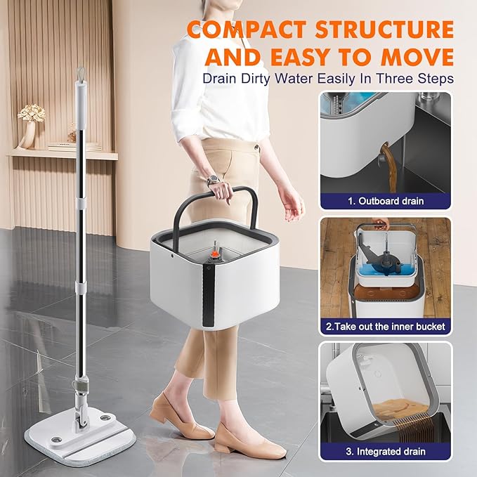 Upgraded Self-Standing Spin Mop and Bucket System, Detachable Inner Mop Bucket Separates Dirty Water & 90° Foldable Head, Triple-Scrub System, 0.9Gal Dual Drainage, for Hardwood Floors (White 2 Pads)