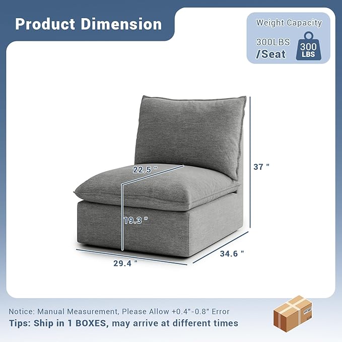 Lopzeho Cloud Middle Sectional, Waterproof Down Filled Sectional Sofa, High Backrest Modular Sectional Couches for Living Room, Modern Modular Couch with Removable Cover, Dark Gray