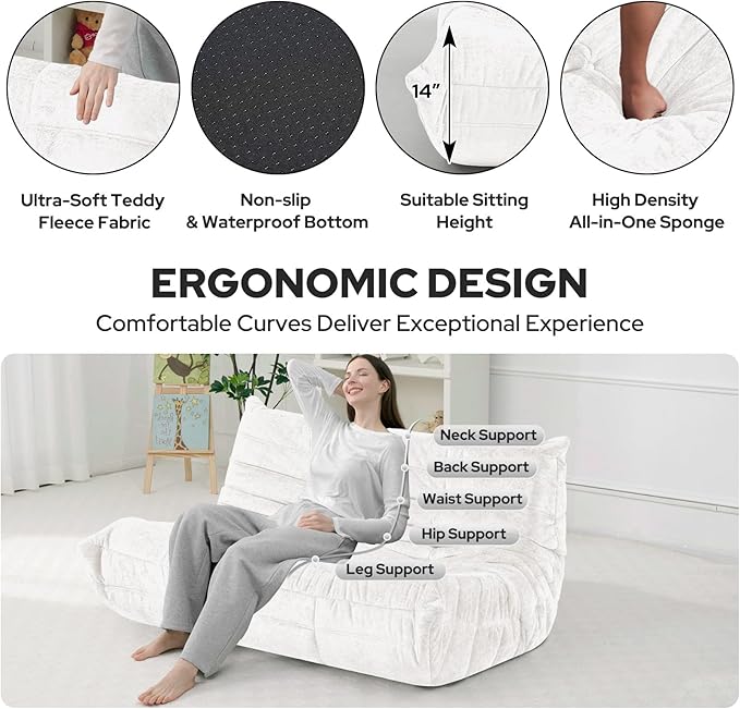 HABUTWAY Bean Bag Chair, Giant Bean Bag Chairs for Adults, Loveseat Fireside Chair, 2 Seater Lazy Bean Bag Sofa Memory Foam Couch for Living Room, Bedroom, Office (Beige)