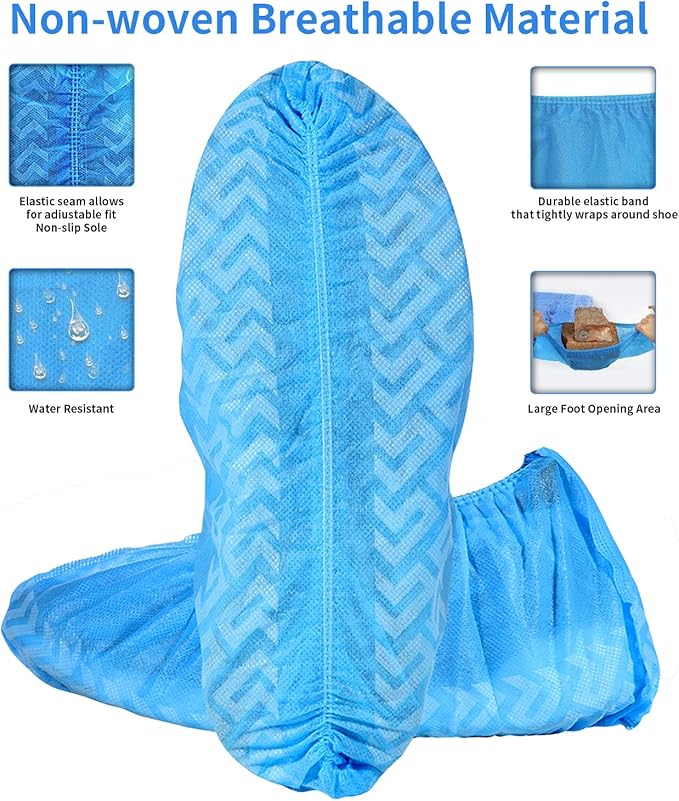 Shoe Covers Disposable 200 Pack (100 Pairs) - Durable, Non-Slip, Water Resistant, and Recyclable Boot Covers for Indoor and Outdoor Use - One Size Fits Most (Non-woven-Blue)