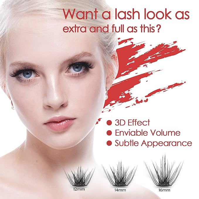 DIY Eyelash Extension, 3D Effect Individual Melt Flare Lash Cluster Natural Lashes Set, Home Eyelash Extension, D curl Lashes Pack 12mm,14mm (16MM-Sparkle)