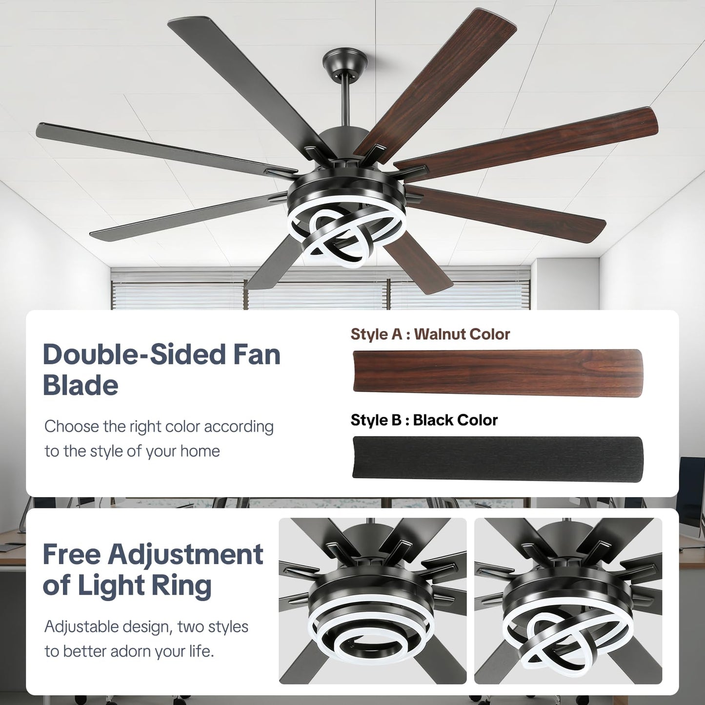 TIRUSUN 72 Inch Chandelier Ceiling Fans with Lights, Large Modern Ceiling Fan with Remote Control for Living Room Kitchen, Dimmable, 6 Speed Reversible DC Motor, Dual Finish，Black
