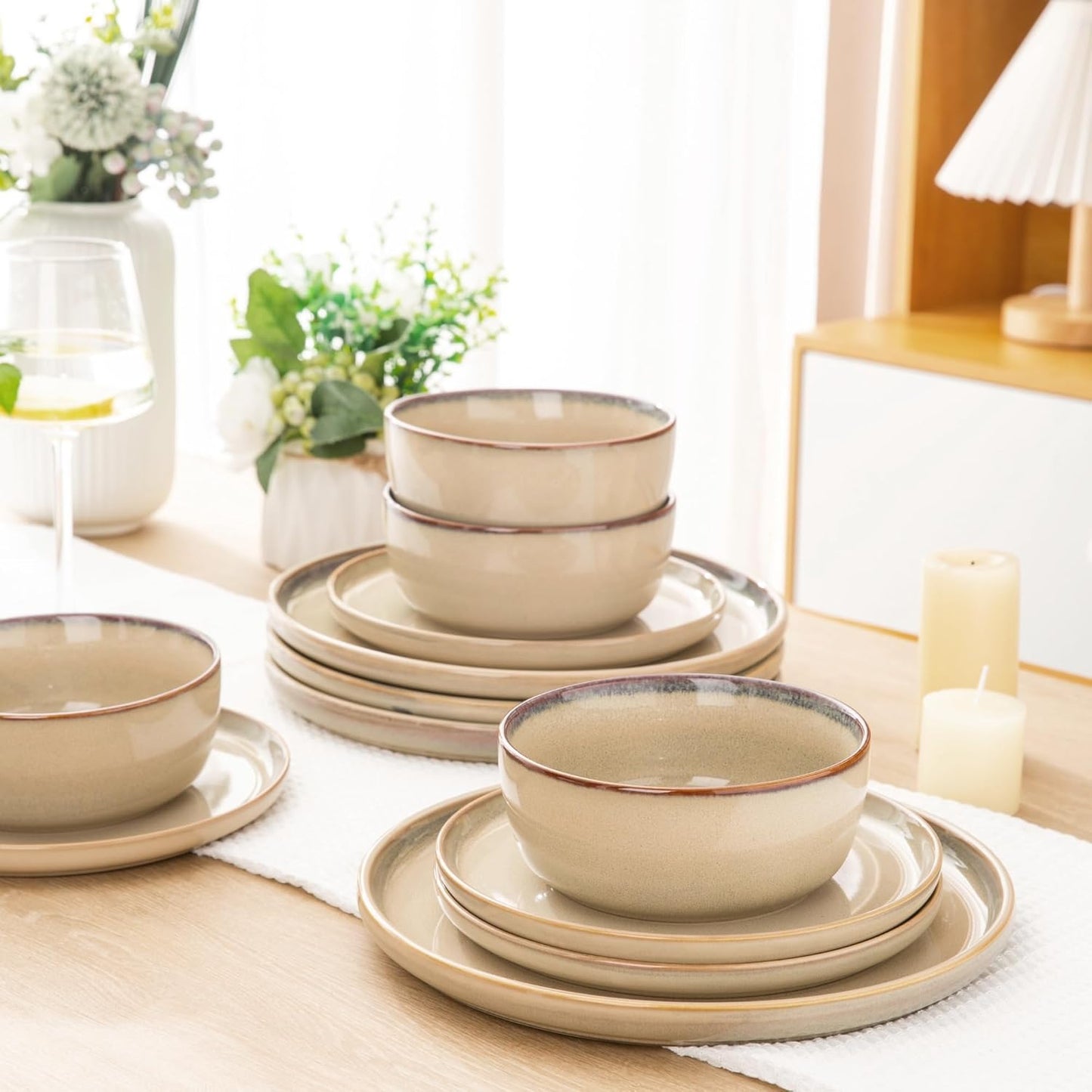 AmorArc Stoneware Dinnerware Sets,Round Reactive Ceramic Plates and Bowls Set,Highly Scratch Resistant | Dishwasher & Microwave Safe Dishes,Service for 4 (12pc)