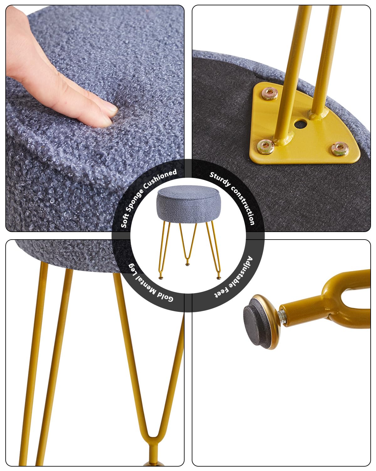 IBUYKE Teddy Velvet Round Footrest Stool Ottoman, Makeup Vanity Stool Side Table, Velvet Dressing Table Seat, Pouf Couch Stool, for Living Room Bedroom, Gray Blue WBD009BU