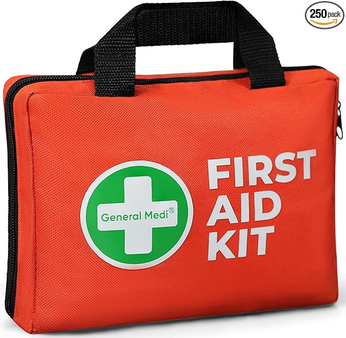 General Medi First Aid Kit, 250 Piece Small First Aid Kit - Includes Emergency Foil Blanket, Instant Cold Pack,Scissors fo...