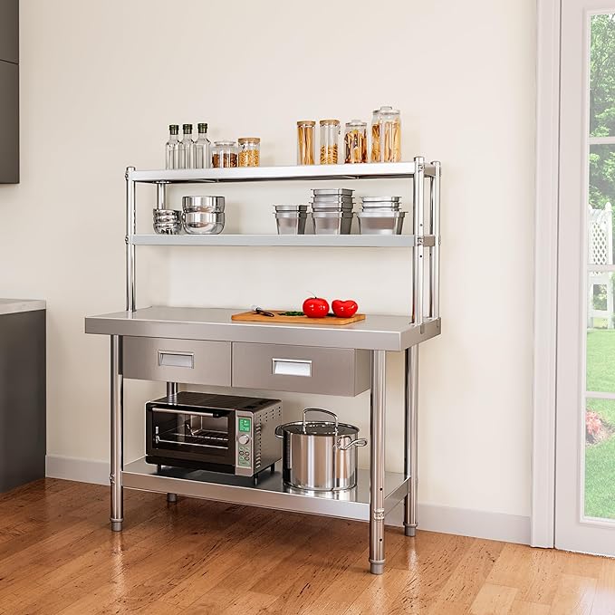 YITAHOME 48" × 24" Stainless Steel Table with Overshelves and 2 Drawers, NSF Worktable with 48" X 12" Shelf & 2 Drawers, Metal Prep Workstation for Home Kitchen Restaurant Garage Warehouse