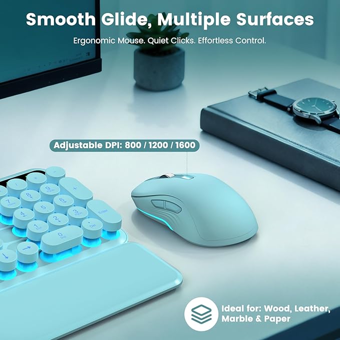 Wireless Keyboard and Mouse Combo, Backlit Round Keycaps, Retro Typewriter Keyboard with Detachable Wrist Rest, Rechargeable & Tilt Legs, 2.4GHz Cordless Connection for Windows/PC (Glowing Turquoise)