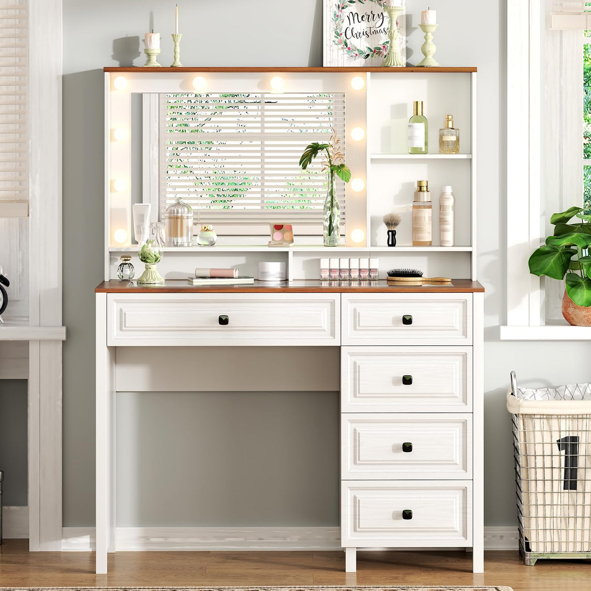Arulvmrn 43" Large Vanity Desk with Mirror and Lights,Makeup Vanity with 10 Lights，Modern Makeup Table with 5 Drawers，Open Shelves for Bedroom Makeup Room