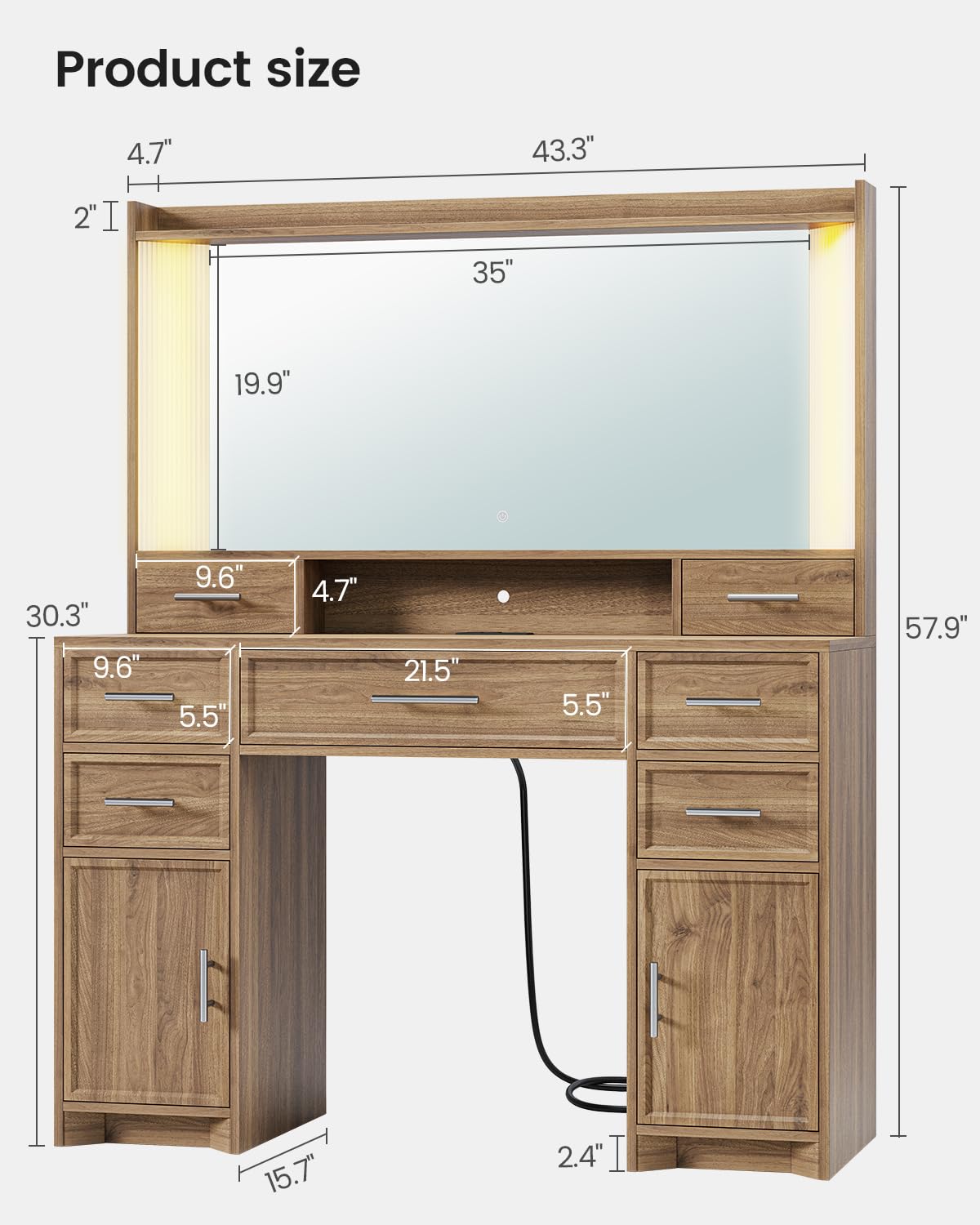 AOGLLATI Vanity Desk with Mirror and Lights, Makeup Vanity Desk with Lights, Large Mirror with Charging Station and 3 Color Lightbox, White Vanity Table with 7 Drawers for Bedroom, Brown