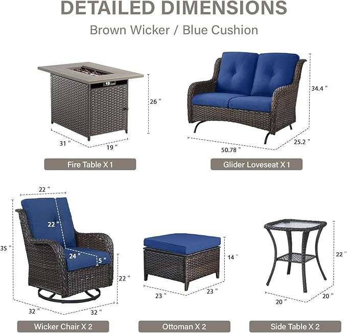 Belord 8 Piece Outdoor Patio Furniture Set - 41" CSA Propane Fire Pit Table Patio Conversation Set with Swivel Rocker Outdoor Chairs, Wicker loveseat and Ottoman for Outside Casual Gathering