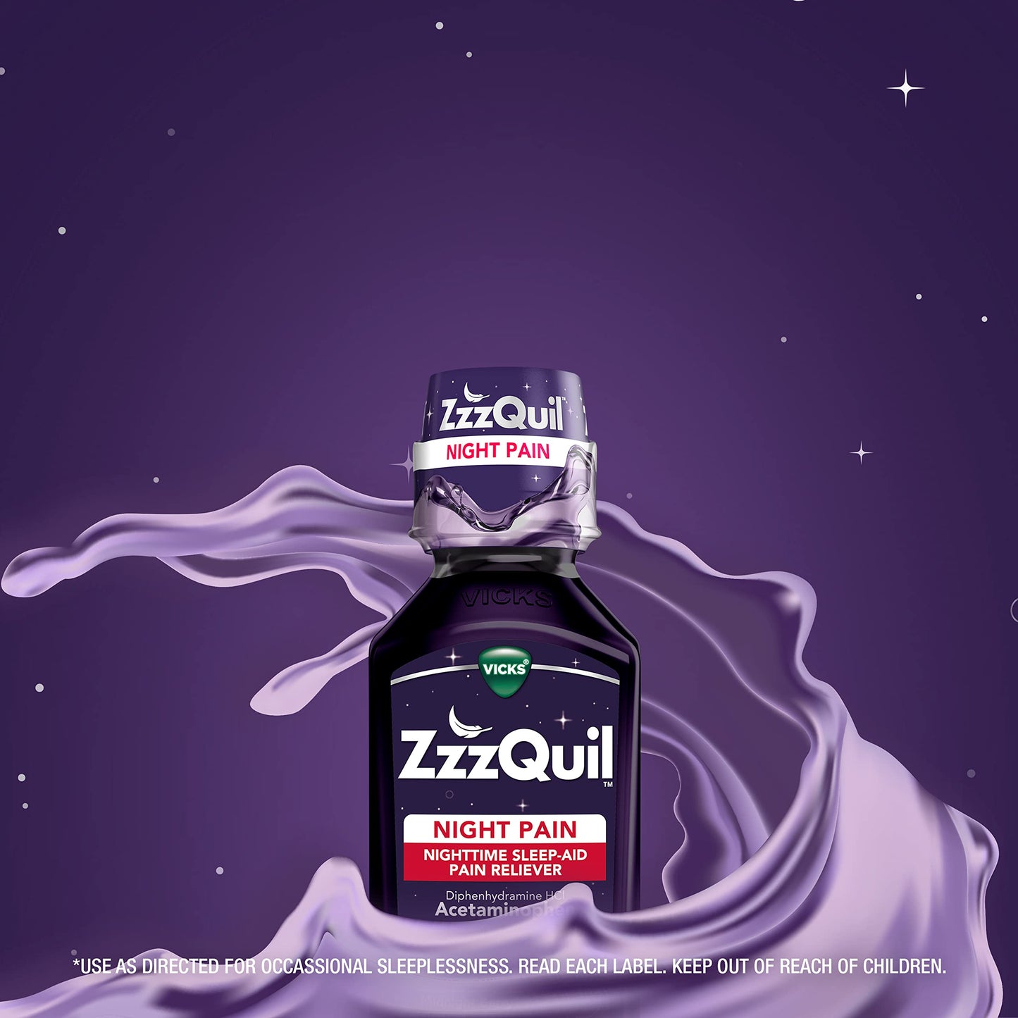 ZzzQuil Liquid Max Strength Pain Reliever, Nighttime Sleep Aid Liquid, Acetaminophen 1000mg, Diphenhydramine 50mg HCI, Non-Habit Forming, Black Cherry Flavored, 2 Pack, 24 FL OZ