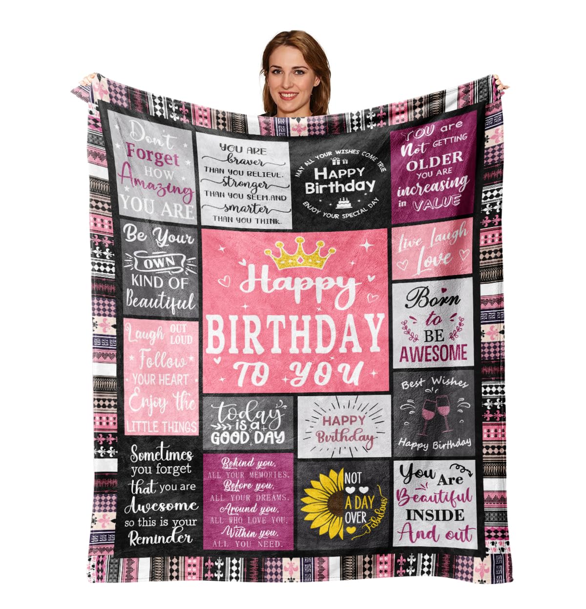 Keveloya Birthday Gifts for Women Girls Throw Blanket 60"X50", Happy Birthday Decorations Blanket, Unique Happy Birthday for Women, Womens Birthday Gift Ideas for Her Friend Mom Sister Grandma Wife