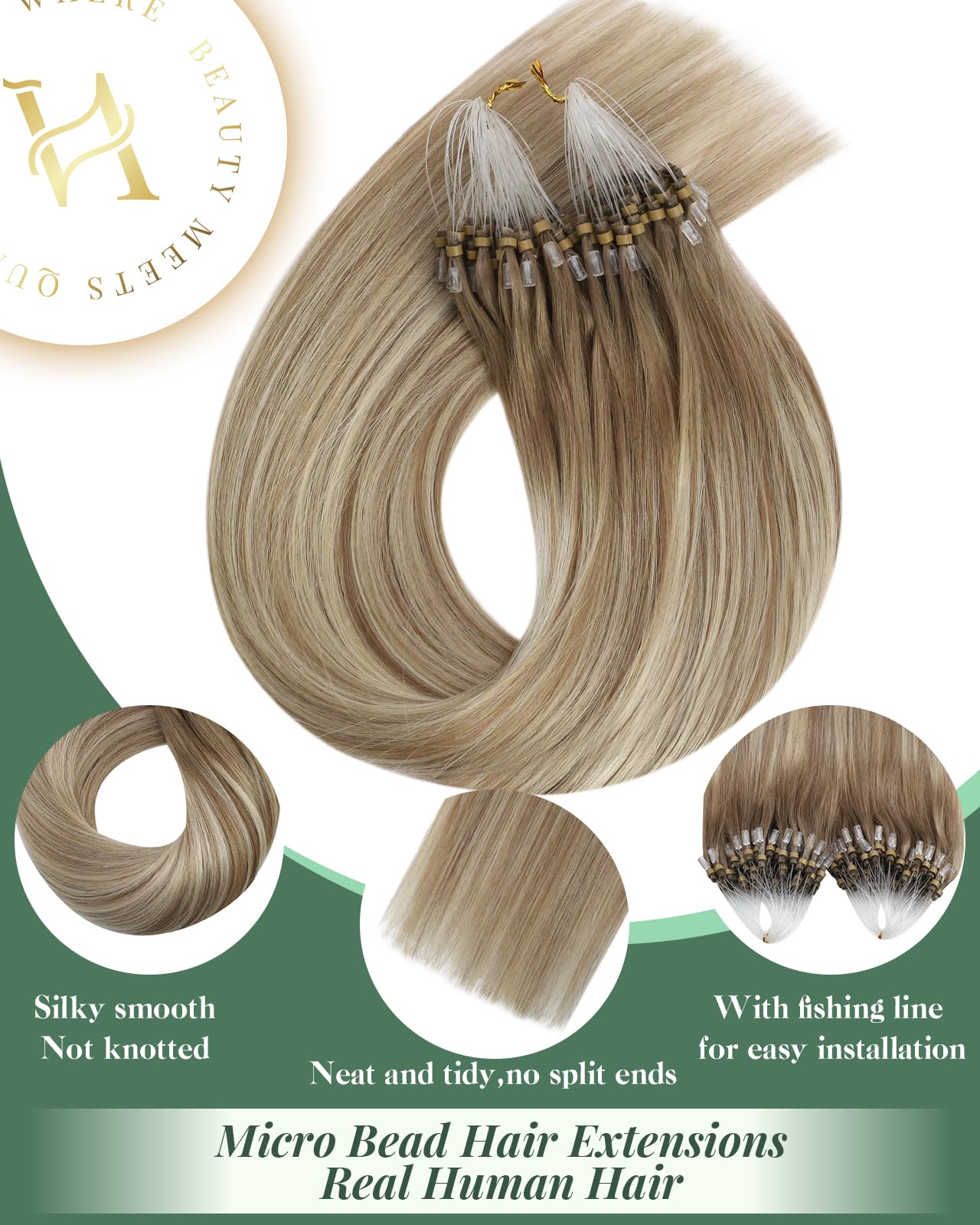 Ugeat Micro Link Hair Extensions Balayage for Thicker Ombre Light Brown Micro Beads Hair Extensions Real Human Hair Platinum Blo