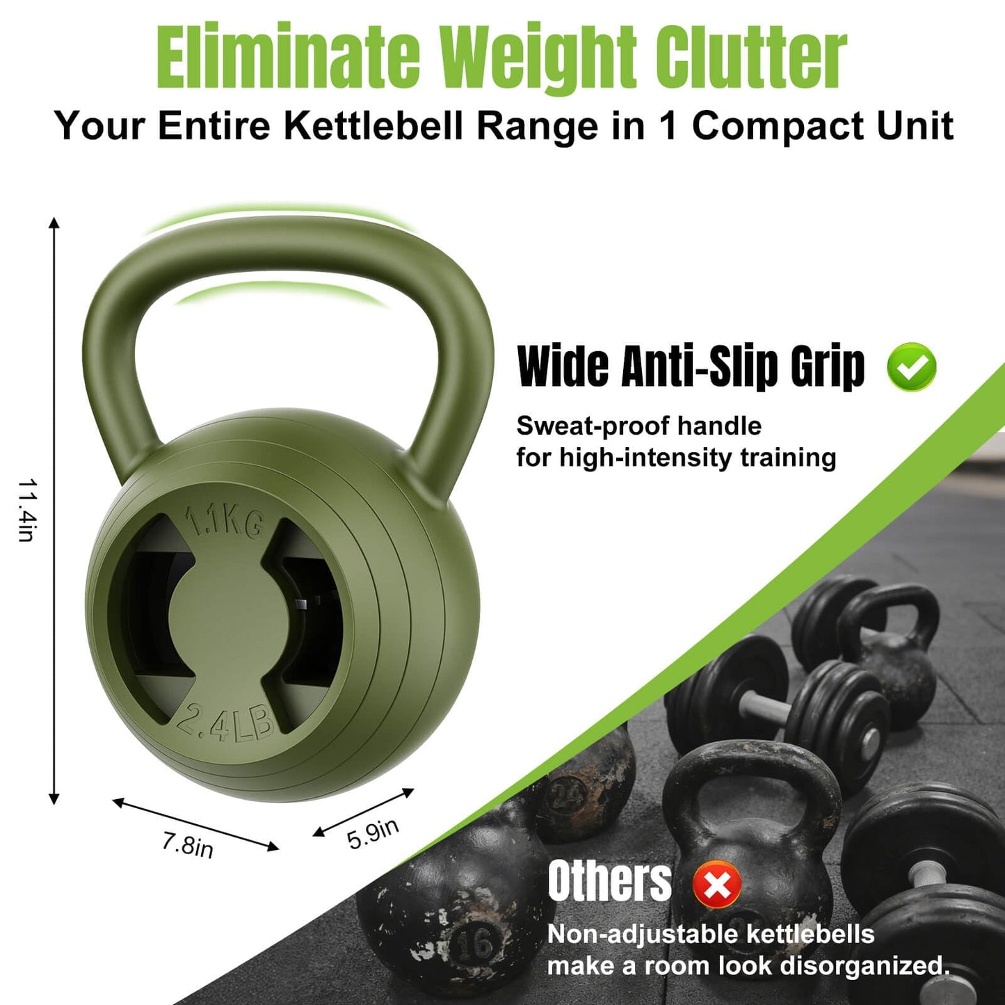 Hezeyferg 2-in-1 Adjustable Kettlebell, 15-45 LB Kettlebells Weight Set with Wide Grip, 4.8-30 LB Dumbbell Weights for Home Gym Strength Training (Green)