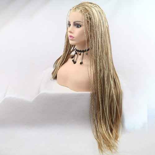 Highlight Blonde Box Braided Wig Micro Lace Front Wigs for Women Long Braid Synthetic Hair Wig Glueless Lace Wig Natural Hairline Synthetic Heat Resistant Fiber Hair for Women 26Inch(Brown)
